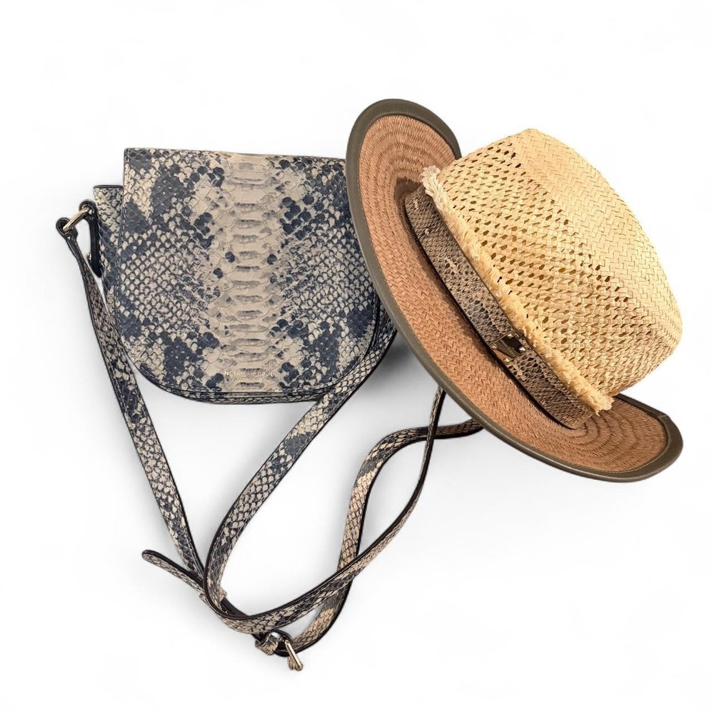 Henri Bendel Snakeskin Print Crossbody Bag and Straw Hat Set Beige Black